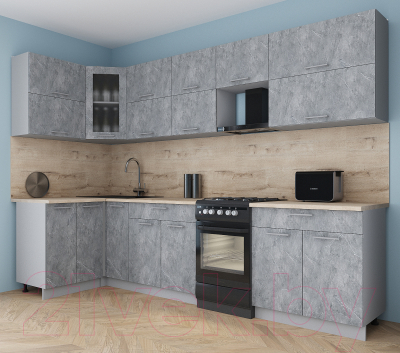 Готовая кухня Интерлиния Мила Gloss 50-12x30 (керамика/керамика/травертин серый)