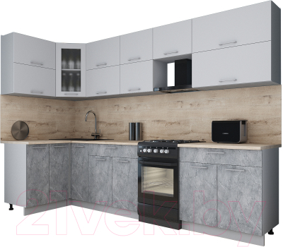 Готовая кухня Интерлиния Мила Gloss 50-12x30 (пепел софт/керамика/травертин серый)