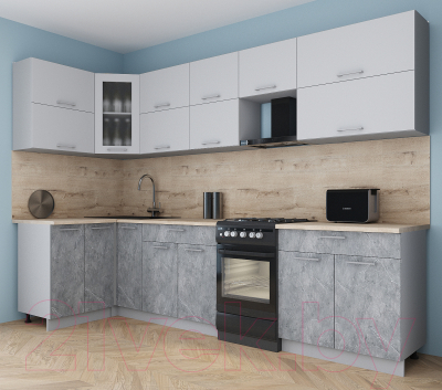 Готовая кухня Интерлиния Мила Gloss 50-12x30 (пепел софт/керамика/травертин серый)