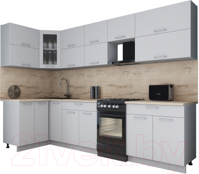 Готовая кухня Интерлиния Мила Gloss 50-12x30 (пепел софт/пепел софт/травертин серый)