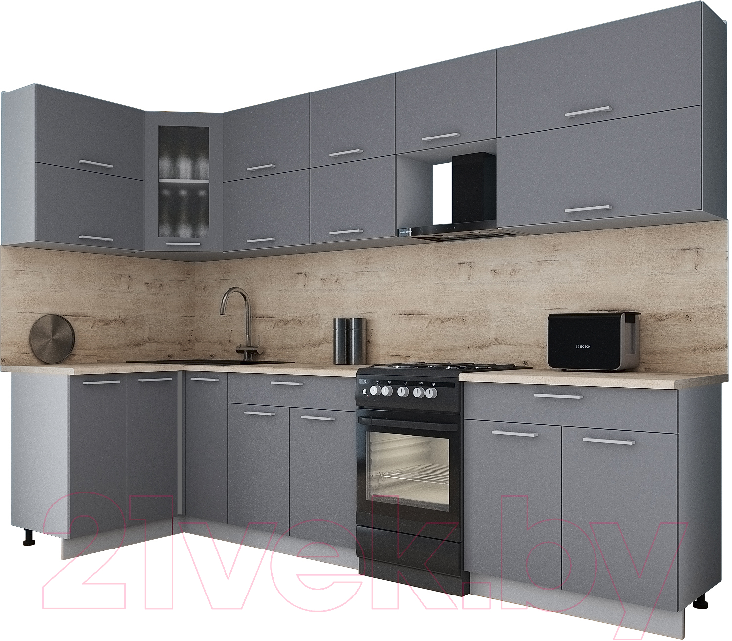 Кухонный гарнитур Interline Мила Gloss 50-12x30 (серый/серый/травертин серый)