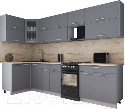 Готовая кухня Интерлиния Мила Gloss 50-12x30 (серый софт/серый софт/травертин серый)