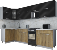 Кухонный гарнитур Интерлиния Мила Gloss 50-12x30 (черный глянец/дуб вотан/травертин серый) - 