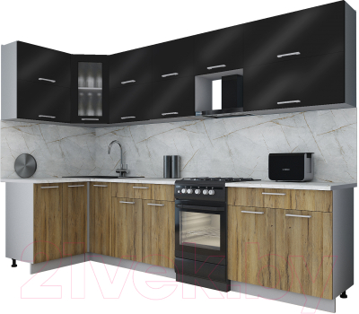 Готовая кухня Интерлиния Мила Gloss 50-12x30 (черный глянец/дуб вотан/травертин серый)