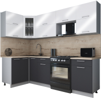 Кухонный гарнитур Интерлиния Мила Gloss 60-12x25 (белый глянец/графит софт/травертин серый) - 