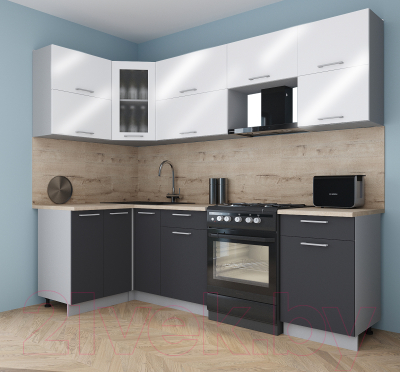Кухонный гарнитур Интерлиния Мила Gloss 60-12x25 (белый глянец/графит софт/травертин серый)