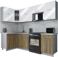 Кухонный гарнитур Интерлиния Мила Gloss 60-12x25 (белый глянец/дуб вотан/травертин серый) - 