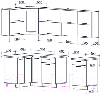 Готовая кухня Интерлиния Мила Gloss 60-12x25 (белый глянец/дуб вотан/травертин серый)