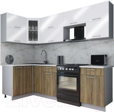 Готовая кухня Интерлиния Мила Gloss 60-12x25 (белый глянец/дуб вотан/травертин серый)