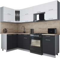 Кухонный гарнитур Интерлиния Мила Gloss 60-12x25 (белый софт/графит софт/травертин серый) - 