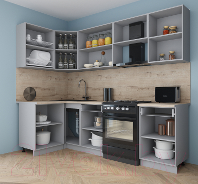 Кухонный гарнитур Интерлиния Мила Gloss 60-12x25 (белый софт/графит софт/травертин серый)
