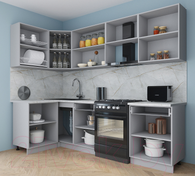 Кухонный гарнитур Интерлиния Мила Gloss 60-12x26 (белый софт/графит софт/травертин серый)