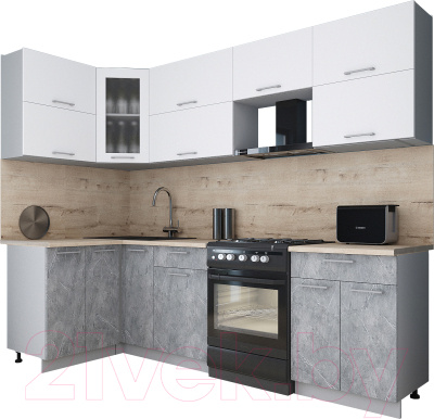 Готовая кухня Интерлиния Мила Gloss 60-12x26 (белый софт/керамика/травертин серый)