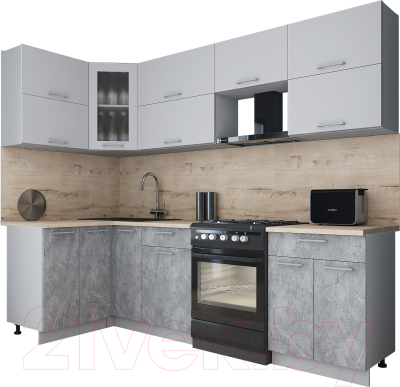 Готовая кухня Интерлиния Мила Gloss 60-12x26 (пепел софт/керамика/травертин серый)