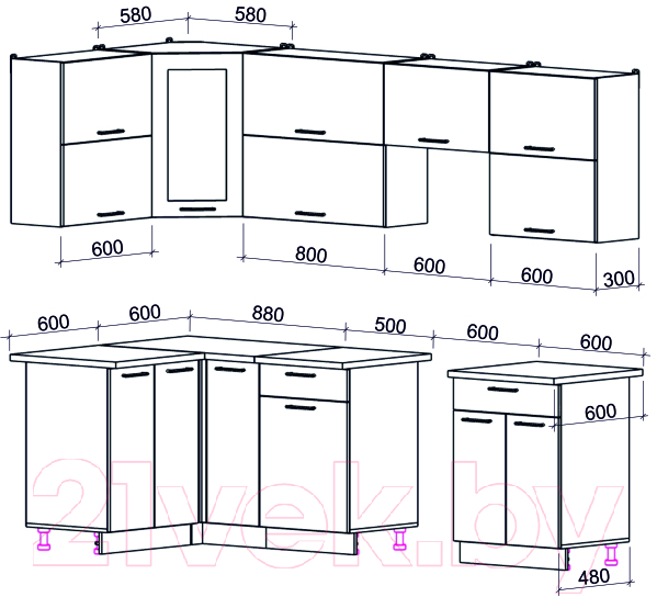 Кухонный гарнитур Interline Мила Gloss 60-12x26 (черный глянец/дуб вотан/травертин серый) — фото 6