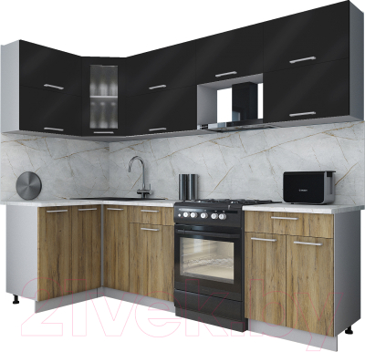 Готовая кухня Интерлиния Мила Gloss 60-12x26 (черный глянец/дуб вотан/травертин серый)