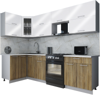 Готовая кухня Интерлиния Мила Gloss 60-12x27 (белый глянец/дуб вотан/травертин серый) - 