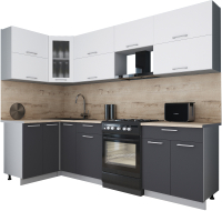 Кухонный гарнитур Интерлиния Мила Gloss 60-12x27 (белый софт/графит софт/травертин серый) - 
