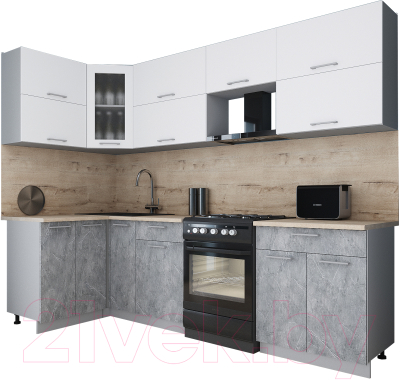 Кухонный гарнитур Интерлиния Мила Gloss 60-12x27 (белый софт/керамика/травертин серый)