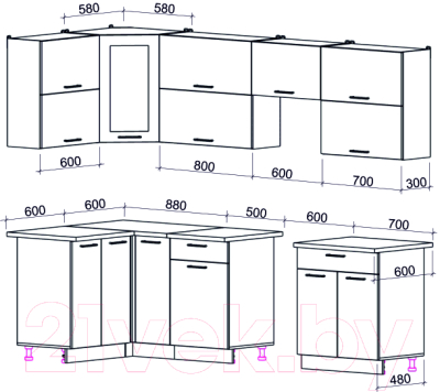 Кухонный гарнитур Интерлиния Мила Gloss 60-12x27 (ваниль глянец/дуб вотан/травертин серый)
