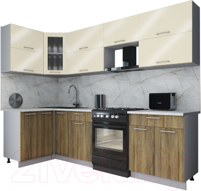 Кухонный гарнитур Интерлиния Мила Gloss 60-12x27 (ваниль глянец/дуб вотан/травертин серый)