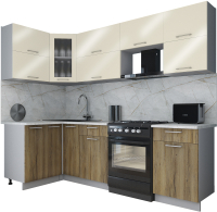 Кухонный гарнитур Интерлиния Мила Gloss 60-12x25 (ваниль глянец/дуб вотан/травертин серый) - 