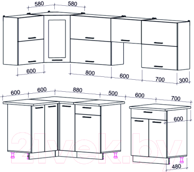 Кухонный гарнитур Интерлиния Мила Gloss 60-12x27 (графит софт/графит софт/травертин серый)
