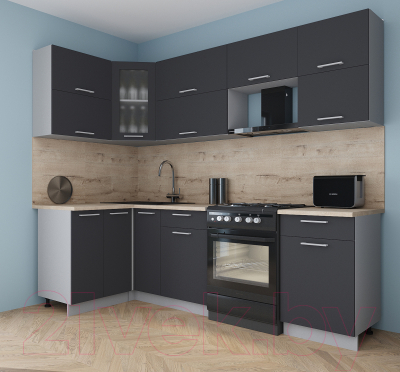 Кухонный гарнитур Интерлиния Мила Gloss 60-12x25 (графит софт/графит софт/травертин серый)