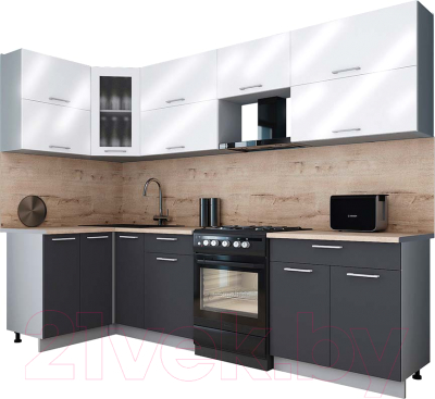 Готовая кухня Интерлиния Мила Gloss 60-12x28 (белый глянец/графит софт/травертин серый)