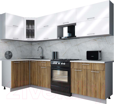 Готовая кухня Интерлиния Мила Gloss 60-12x28 (белый глянец/дуб вотан/травертин серый)