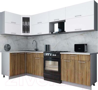 Готовая кухня Интерлиния Мила Gloss 60-12x28 (белый софт/дуб вотан/травертин серый)