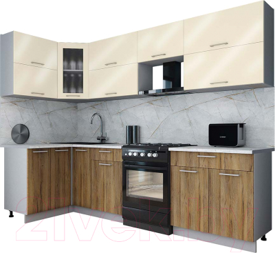 Готовая кухня Интерлиния Мила Gloss 60-12x28 (ваниль глянец/дуб вотан/травертин серый)