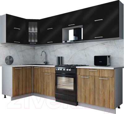 Готовая кухня Интерлиния Мила Gloss 60-12x28 (черный глянец/дуб вотан/травертин серый)