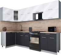 Кухонный гарнитур Интерлиния Мила Gloss 60-12x29 (белый глянец/графит софт/травертин серый) - 