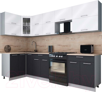 Готовая кухня Интерлиния Мила Gloss 60-12x29 (белый глянец/графит софт/травертин серый)