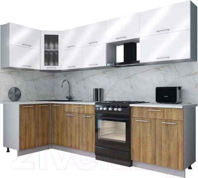 Готовая кухня Интерлиния Мила Gloss 60-12x29 (белый глянец/дуб вотан/травертин серый)