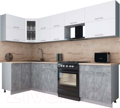 Кухонный гарнитур Интерлиния Мила Gloss 60-12x29 (белый софт/керамика/травертин серый)