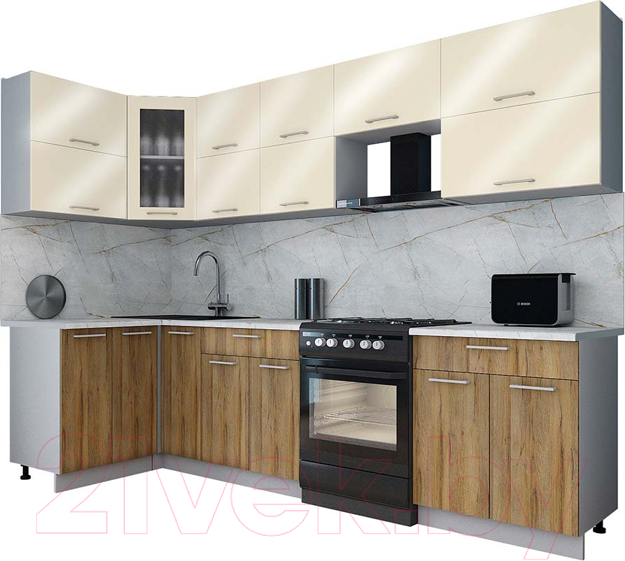 Кухонный гарнитур Interline Мила Gloss 60-12x29 (ваниль глянец/дуб вотан/травертин серый)