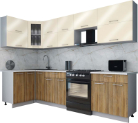 Кухонный гарнитур Интерлиния Мила Gloss 60-12x29 (ваниль глянец/дуб вотан/травертин серый) - 