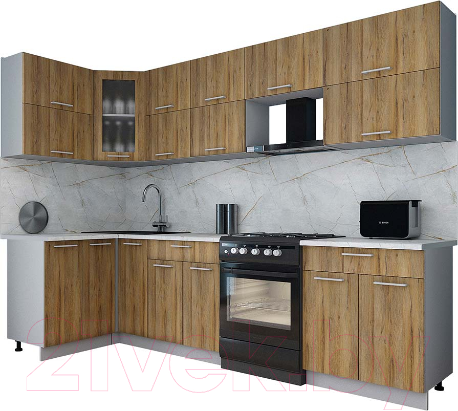 Кухонный гарнитур Interline Мила Gloss 60-12x29 (дуб вотан/дуб вотан/травертин серый)