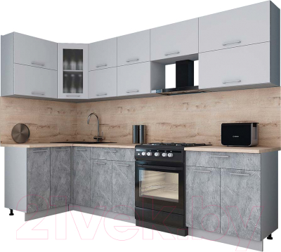 Кухонный гарнитур Интерлиния Мила Gloss 60-12x29 (пепел софт/керамика/травертин серый)