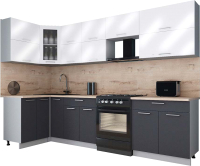 Кухонный гарнитур Интерлиния Мила Gloss 60-12x30 (белый глянец/графит софт/травертин серый) - 