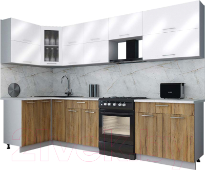 Готовая кухня Интерлиния Мила Gloss 60-12x30 (белый глянец/дуб вотан/травертин серый)