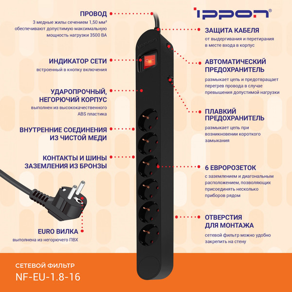 Изображение товара Сетевой фильтр IPPON NF-EU-1.8-16 (1.8м, 6 розеток, черный)