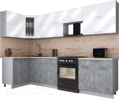 Готовая кухня Интерлиния Мила Gloss 60-12x30 (белый глянец/керамика/травертин серый)