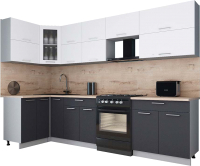 Кухонный гарнитур Интерлиния Мила Gloss 60-12x30 (белый софт/графит софт/травертин серый) - 