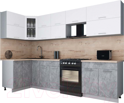 Готовая кухня Интерлиния Мила Gloss 60-12x30 (белый софт/керамика/травертин серый)