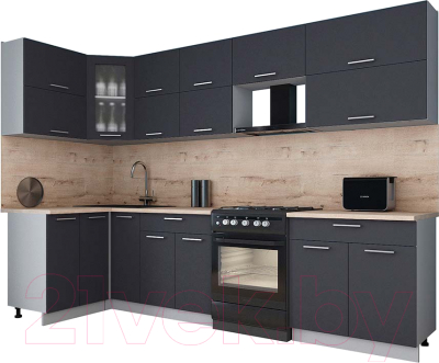 Кухонный гарнитур Интерлиния Мила Gloss 60-12x30 (графит софт/графит софт/травертин серый)