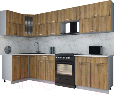 Готовая кухня Интерлиния Мила Gloss 60-12x30 (дуб вотан/дуб вотан/травертин серый)