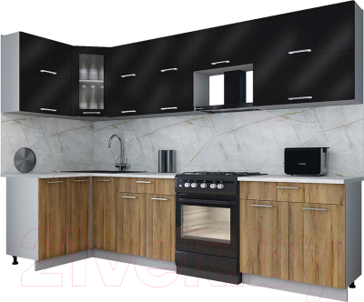 Готовая кухня Интерлиния Мила Gloss 60-12x30 (черный глянец/дуб вотан/травертин серый)